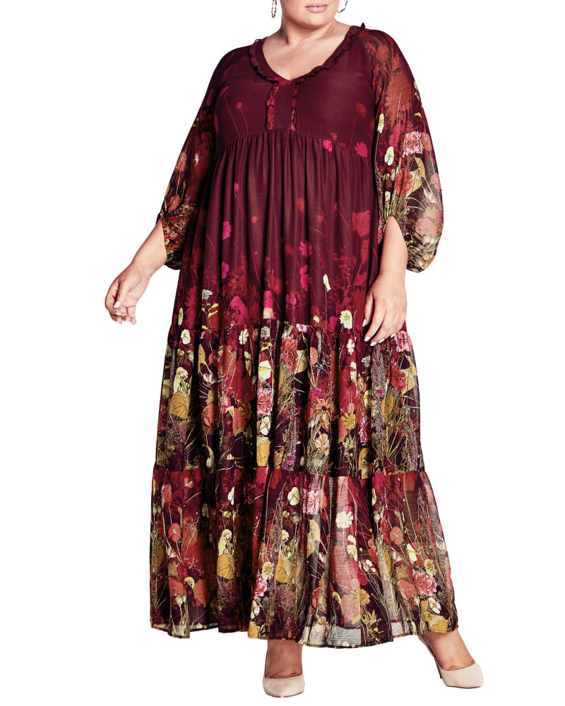Front of a model wearing a size 18 MAXI ANGELINA PRT in Bordeaux Floral by Arna York. | dia_product_style_image_id:302917